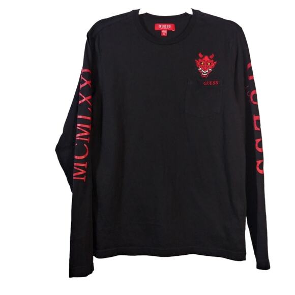 Guess Black Embroidered Westin Devil Long Sleeve Crew Neck Size M - Picture 1 of 8